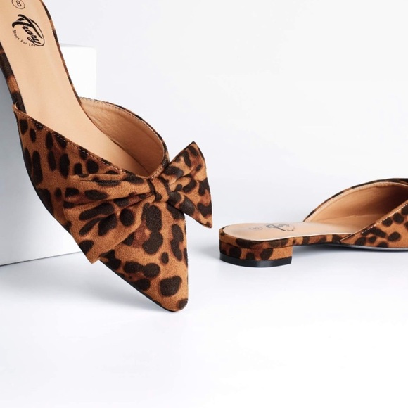 ✖️POINTY MULE LEOPARD BOW WOMANS FLAT SHOE *NEW* - Picture 4 of 7